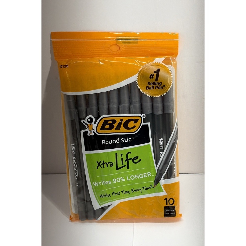 BIC 10-Pack Round Stic Xtra Life Pens – Medium Point, Black Ink, Flexible Barrel